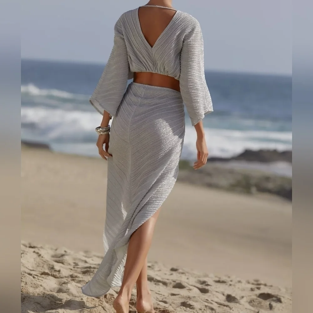 SUBOO Stevie Pleated Cross-Over Maxi Dress w Mini Shorts, Shimmer Gray, Medium
